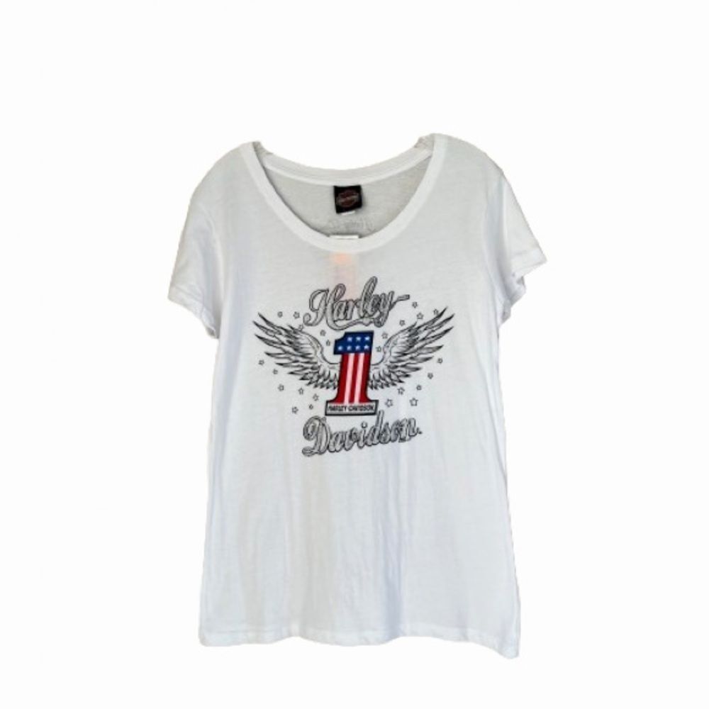 Harley Davidson Women's Winged Graphic Patriot Red White Jewel Biker Tee SZ L - Picture 2 of 14